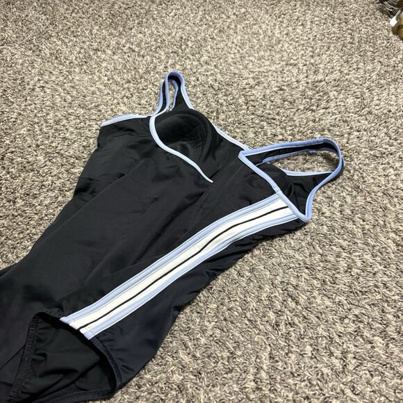 Miraclesuit Black One Piece Swimsuit Size 16W Slimming Blue White Side Stripes - Picture 4 of 6